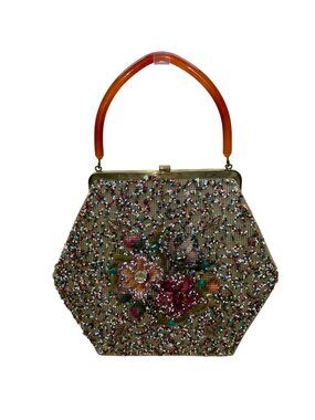 Soure Bag Women’s Multicolor Beaded Floral Resin Handle Hexagon Design Handbag
